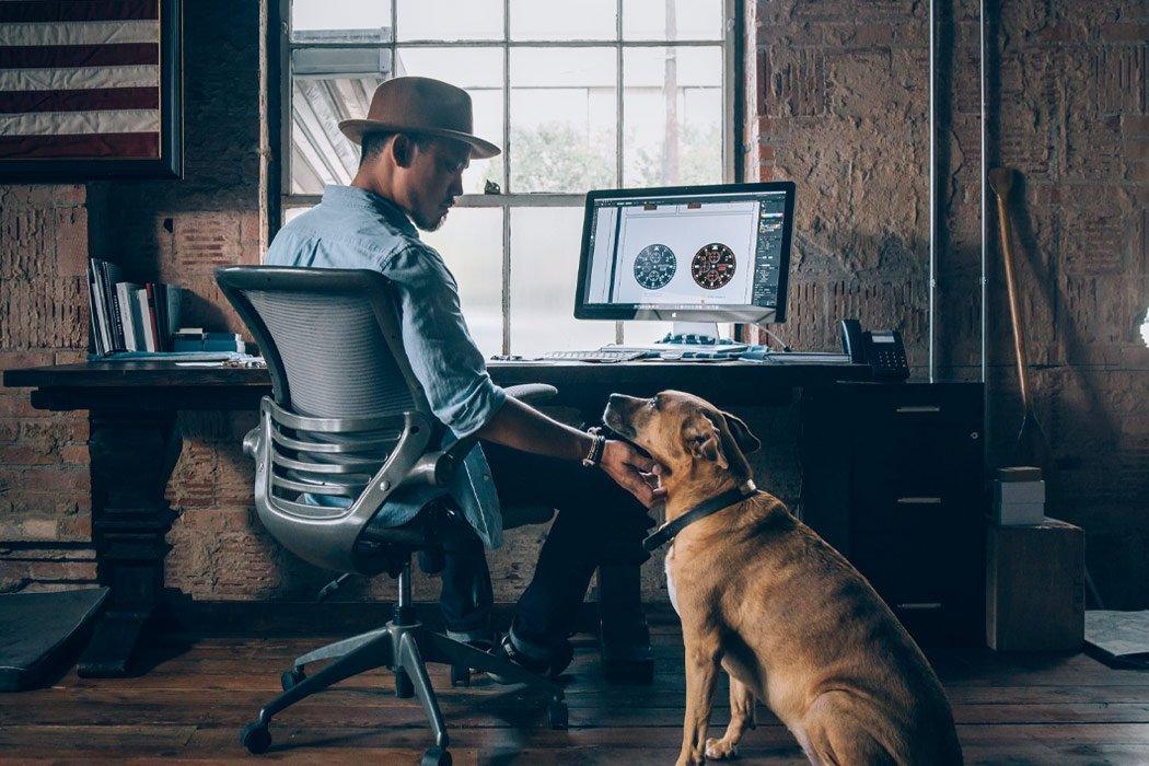 dog at work with owner